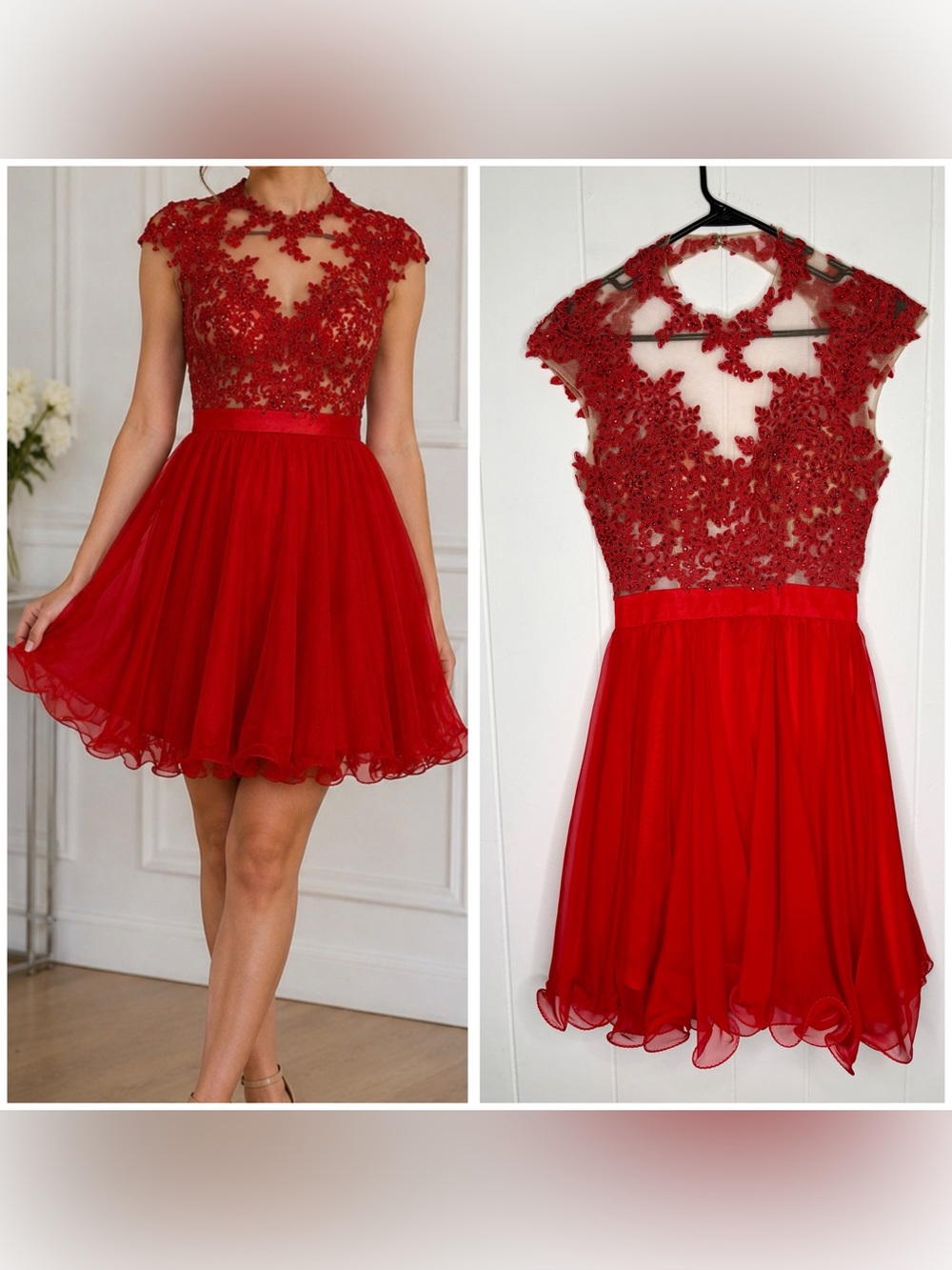 Mac Duggal Short Formal Red Dress Open Back Lace Sparkle Prom Event Dress Size 4